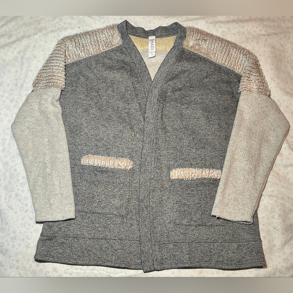 Gray and Cream Open Front Cardigan